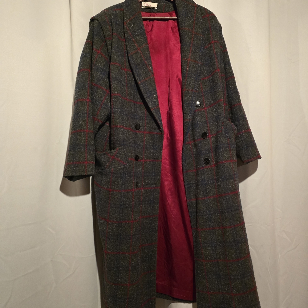 Vintage Diana Marco Plaid Pea Coat with Red Lining 1X
